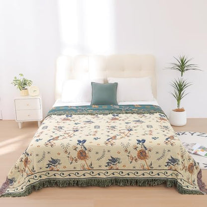 VANJOROY Boho 100% Organic Cotton Muslin Throw Blanket 50" x 60" - All Season Rustic Ultra Soft Breathable Floral Bird Blanket for Bed Sofa Couch Chair Bedspread Quilt Gift-Teal/Beige