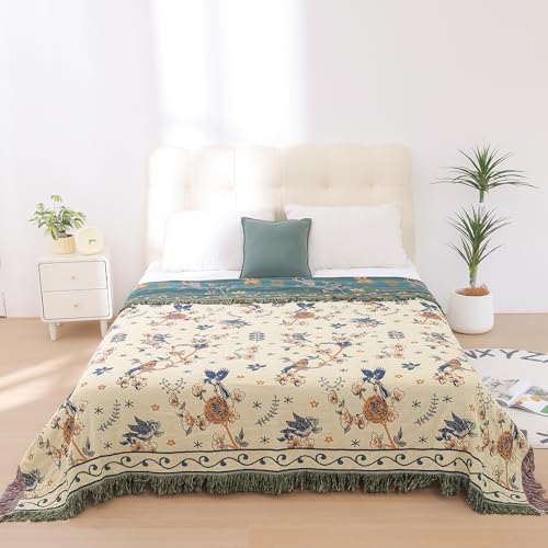 VANJOROY Boho 100% Cotton Large Throw Blanket - All Season Rustic Ultra Soft Breathable Floral Bird King Blanket for Bed Sofa Couch Chair Bedspread Quilt Gift, 91" x 98"-Teal/Beige