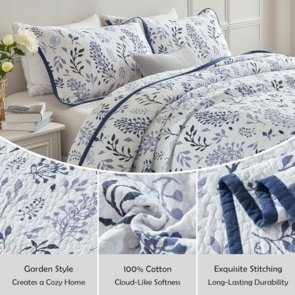 Queen Size Quilt Set - Cotton Floral Quilts Queen, Blue, 90x98