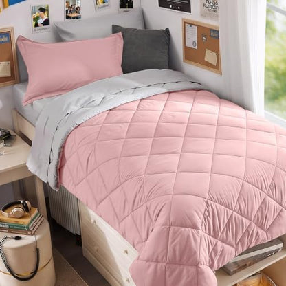 MUXHOMO 5 Pieces Twin XL Comforter Set, Reversible Bed in a Bag Twin XL Size, All Season Bedding Set with Comforter, Flat Sheet, Fitted Sheet, Pillowcases & Shams, Pink & Light Grey