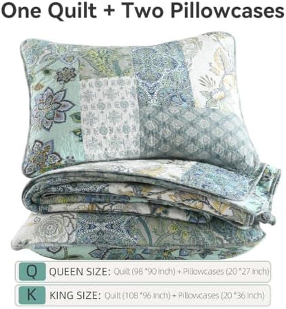 Yvooxny 3-Piece Quilt Set Queen Size Patchwork Paisley Turquoise Floral