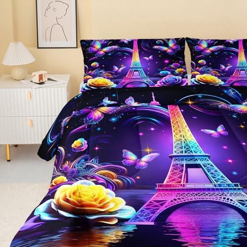QOOMO Paris Eiffel Tower Kids Comforter Set Full Size