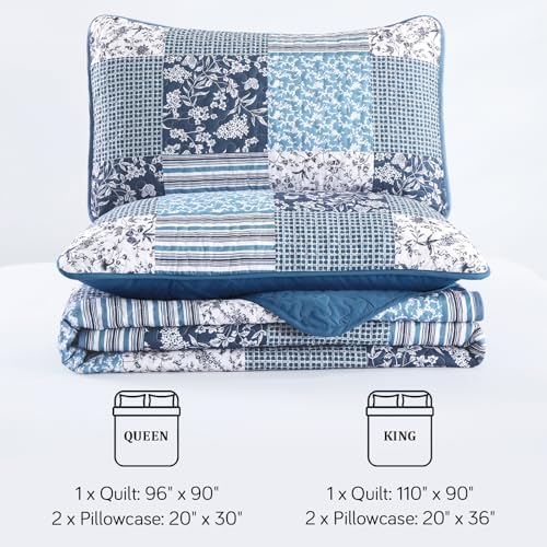 Mybedsoul King Size Quilt, Boho Patchwork Floral Bedding Set, Navy Blue
