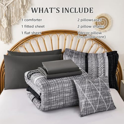 Dintszyayue Black Comforter Set King Size, 8 Pieces Boho Striped Bed in a Bag Soft Microfiber Bedding Set for All Season