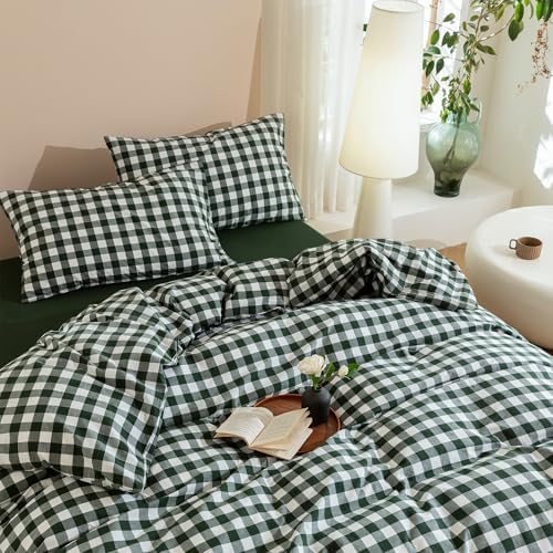 JIYUAN Queen Washed Cotton Duvet Cover Set, 3-Piece, Large Gingham