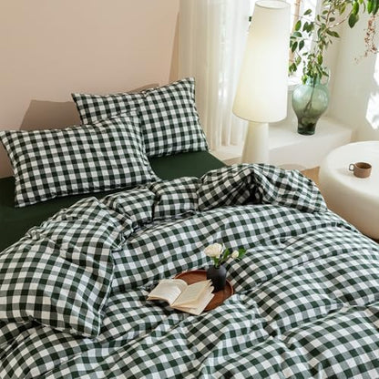 JIYUAN Queen Washed Cotton Duvet Cover Set, 3-Piece, Large Gingham