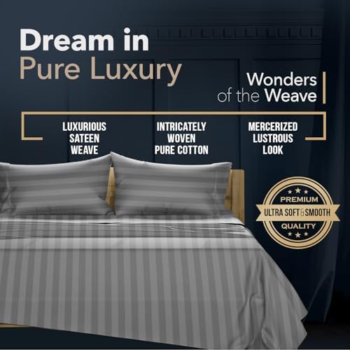 TEXAS LINEN CO. 100% Egyptian Cotton Sheets Queen Size - 1500 Series High Thread Count Queen Bed Sheets Set (4 PC, Dark Grey Stripe), 17" Deep Pocket Luxury Bedding Set - Couture Comfortin' Collection