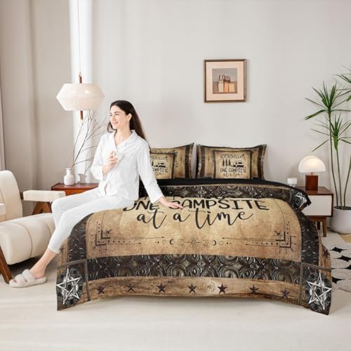 Erosebridal Camper Comforter Set 7 Pieces Bed in A Bag Full Size, Happy Camping Comforter Rv Decorations for Inside, Vintage Rustic Farmhouse Sheet Set, Sun Moon Starry Sky Bedding Sets, Reversible