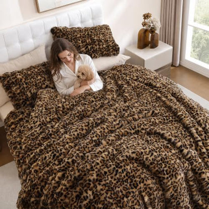 YIKUSH Leopard Print Faux Fur Comforter Set, Fluffy Cheetah Comforter Full