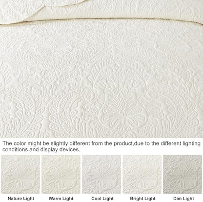 HoneiLife Queen Quilt Bedding Set - Microfiber Quilt Sets for Queen Bed, 3-Piece Lightweight Bedspreads,Reversible Coverlets Rustic Bedlinen Sets, Floral Bedding Set All Season Quilts-Beige
