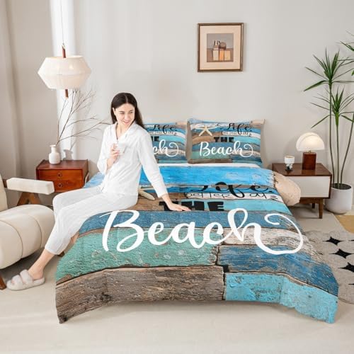 Ocean Theme Comforter Set Twin Size,Blue Rustic Farmhouse Wooden Bedding Set for Women Men Boys Girls Room Decor,Hawaiian Style Quilt Set Starfish Sea Life Duvet Insert,1 Pillowcase,Vintage Brown