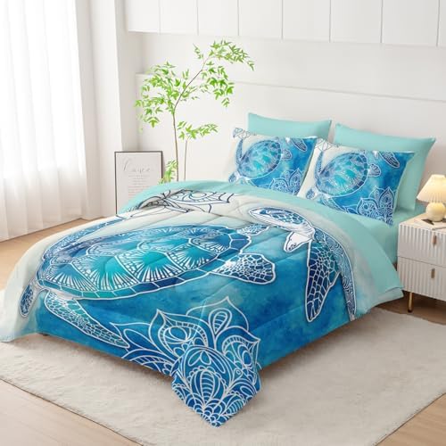 HOSIMA 7Pcs Sea Turtle King Comforter Set Ocean Themed Animal Bedding.