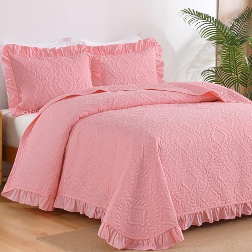 DJY Pink Queen Size Quilt Set, Ruffled Quilt Bedding Set
