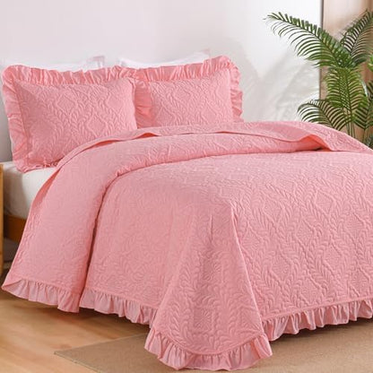DJY Pink Queen Size Quilt Set, Ruffled Quilt Bedding Set