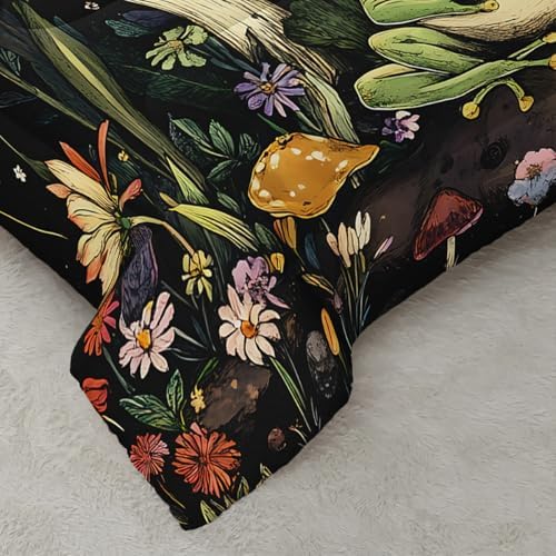 Nttopship Frog Mushroom Comforter Bedding Set with 2 Pillowcase Full Size Cartoon Frog Mushroom Butterfly Comforter Set for Kids Boys Girls Bedroom Decor