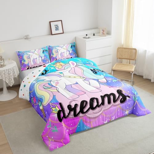 Unicorn Kawaii Bedding King,Cute Rainbow Unicorn Comforter Set,Magical Animals Dreamy Horse Down Comforter,Glitter Mermaid Scale Teal Purple Galaxy Stars Quilt Unicorn Gifts for Girls Child Kids