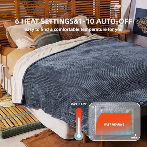 Heated Blanket Twin Size, 6 Heat Levels Electric Blanket, Blue