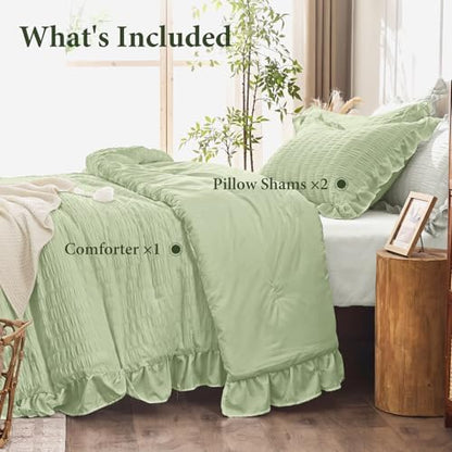 JOLLYVOGUE Sage Green Comforter Full Size, 3 Pieces Seersucker Lightweight Full Size Bedding, All Season Fluffy Microfiber Bedding Comforter Set with 1 Ruffle Comforter and 2 Ruffle Pillowshams