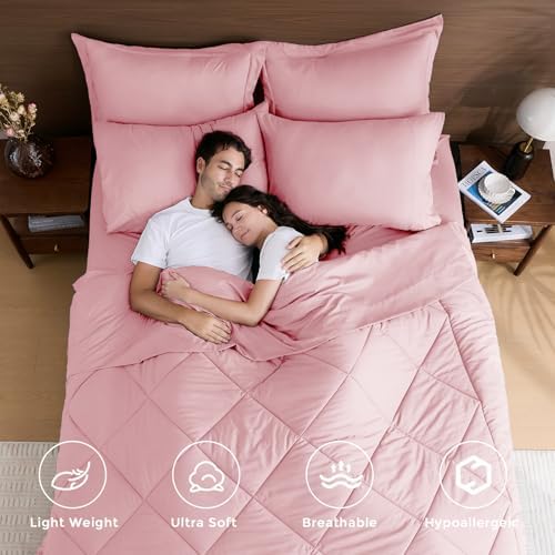 HEVUMYI 7-Piece Queen Comforter Set, Pink Bed in a Bag