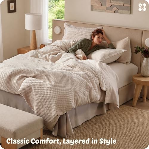 Bedsure PureWoven Cotton Waffle Duvet Cover Set, California King, Beige