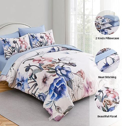 Luxudecor Floral Comforter Set Queen Size 7 Piece, Blue Flower Bed in a Bag, Elegant Floral Comforter with Sheet Set, Soft Microfiber Bedding Set for All Season (Blue, 90"x90")
