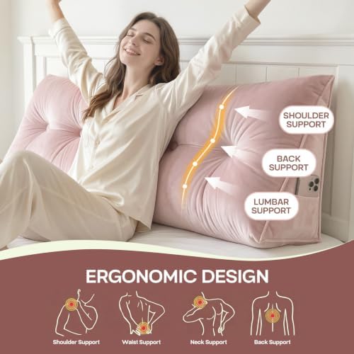 Wedge Headboard Pillow for Back Support, Removable Cover (Pink, Queen)