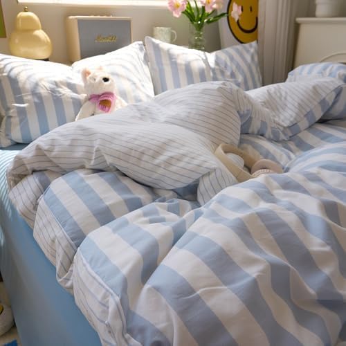 Blue Striped Comforter Set Full Size, Vintage Blue White Stripes Pattern Printed Comforter with 2 Pillowcases, Breathable Soft Lightweight Bedding Comforter Boho Farmhouse Striped Comforter Set