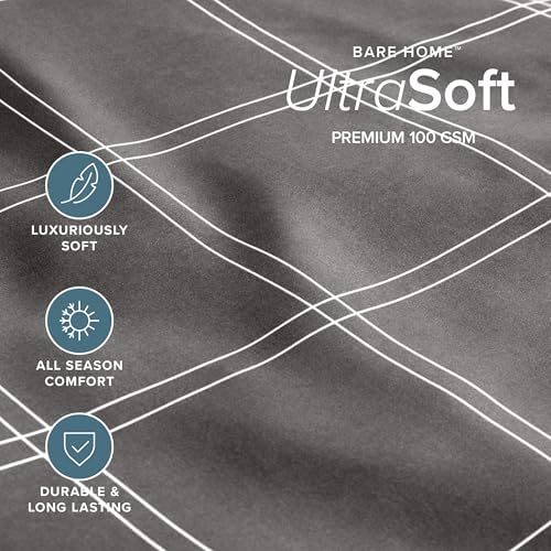 Bare Home Fitted Sheet - 1800 Ultra-Soft (Queen, Modern Plaid - Grey/White)