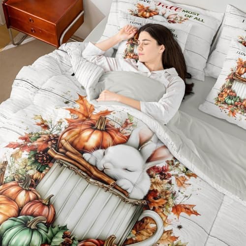 Erosebridal Autumn Rustic Farmhouse Twin Comforter Set 7 Piece Fall Rabbit Pumpkin Print Bed in A Bag with Sheets for Kids Boys Girls Adultsmaple Leaf Print Bedding Set Retro Bed Set