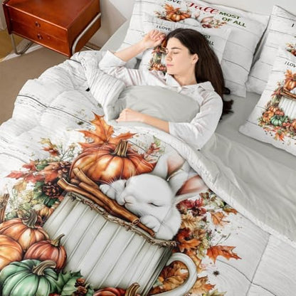 Erosebridal Autumn Rustic Farmhouse Twin Comforter Set 7 Piece Fall Rabbit Pumpkin Print Bed in A Bag with Sheets for Kids Boys Girls Adultsmaple Leaf Print Bedding Set Retro Bed Set