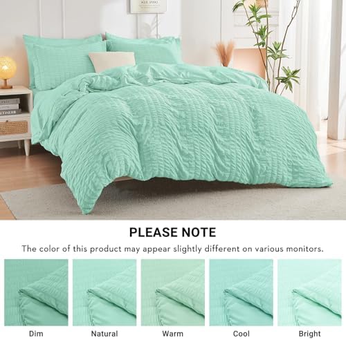 HYMOKEGE Mint Green California King Comforter Set Seersucker 7 Pieces, All Season Luxury Bed in a Bag for Bedroom, Bedding Set with Comforter, Sheets, Pillowcases & Shams