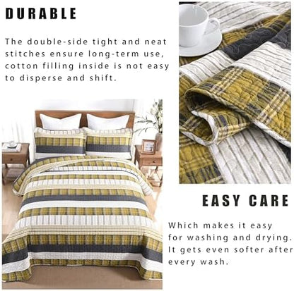Homzard Queen Size Comforter Set, Cotton Quilts Queen Size，Amber Green Black Farmhouse Quilts, Plaid Striped Bedspread Set，All Season Lightweight Bedding Coverlet 3 Pieces