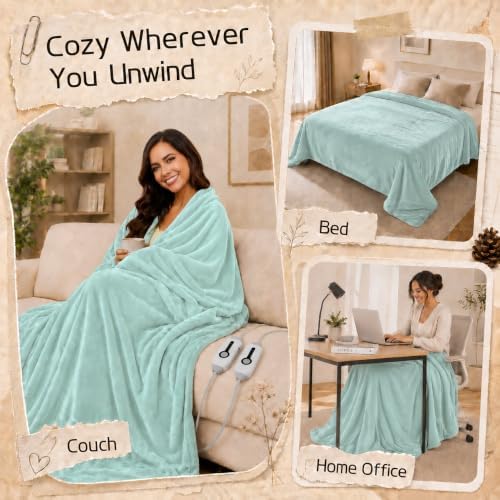 Electric Heated Blanket King Size 90"x100", Dual Controllers, Mint Green