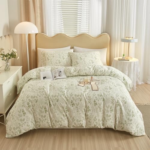 mixinni Girls Boho Green Floral Duvet Cover Set Twin Size Cotton Soft Aesthetic Cute Flowers Leaves Pattern Bedding Comforter Cover, 1 Queen Duvet Cover with 2 Pillowcases for All Seasons