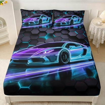 HOSIMA Race Car Queen Bedding Sets for Boys,1 Fitted Sheet+2 Pillowcases.