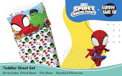 Sunny Side Up Spidey & His Amazing Friends Toddler Sheet Set - 3 Piece Toddler Bedding Set Includes Pillow Cover - Super Soft Superhero Microfiber Sheets Features Miles Morales & Ghost Spider
