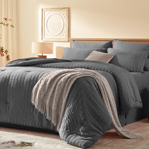 Laojin Balhen Full Size Comforter Sets 7 Pieces, Dark Grey Seersucker Bed in a Bag Set Full Size, All Season Luxury Bedding Sets with Comforter, Sheets, Pillowcase & Sham