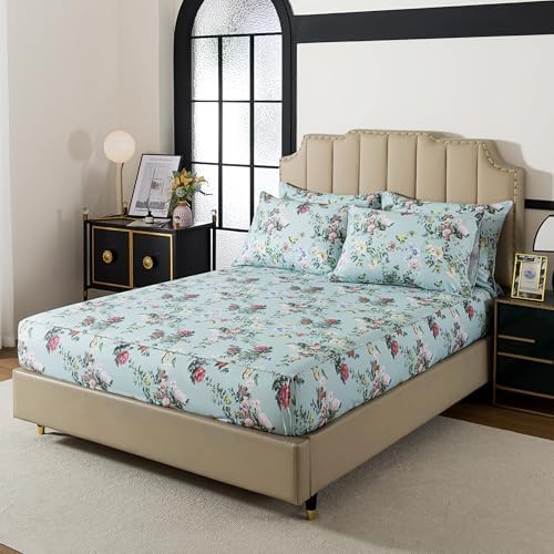FADFAY Queen Size Sheet Set 4-Piece, 100% Cotton Mint Green Floral Bedding, Soft & Breathable Vintage Botanical Style, Deep Pocket Fitted Sheet, All-Season Cozy Bed Sheet Set