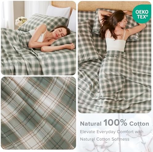 Comfort Spaces 100% Cotton Percale Sheets Cal King Size 4 Pcs, Wesley Green