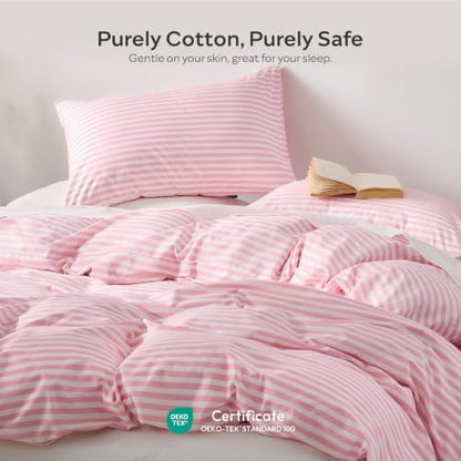 JELLYMONI 100% Cotton Printed Striped Cal King Duvet Cover Set, Pink