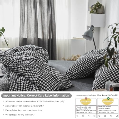 mixinni Black Gingham Comforter Set Full, Plaid Comforter Set 3 Pieces 1 Black Grid Comfoter with 2 Pillow Cases for All Seasons, Soft Fluffy Modern Grid Pattern Printed Bedding-Full Size