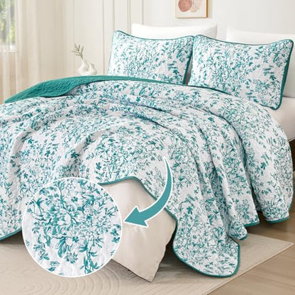 WONGS BEDDING Botanical Quilts Queen Size, Bedspread Set, Blue Green