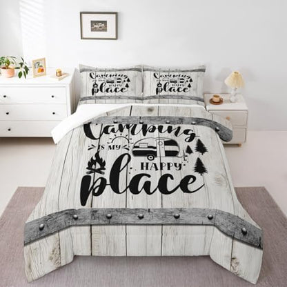 Happy Camping Comforter Set King Size,Wooden Plank Pine Trees Rustic Farmhouse Bedding Set 3pcs for Kids Boys Girls Adults,Camper RV Trailer Decor Down Comforter,Retro Duvet Insert,2 Pillowcases