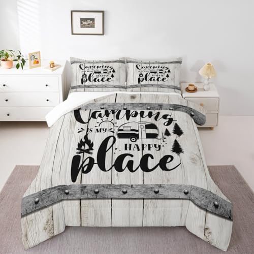 Happy Camping Comforter Set Twin Size,Wooden Plank Pine Trees Rustic Farmhouse Bedding Set 2pcs for Kids Boys Girls Adults,Camper RV Trailer Decor Down Comforter,Retro Duvet Insert,1 Pillowcase
