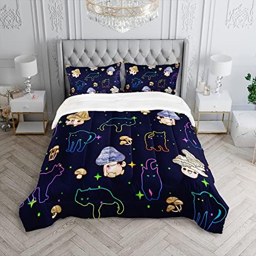 Mushroom Kawaii Cat Comforter Set Full Size Kids Mushroom Bedding Set Star Theme Quilt Bed Set for Boys Girls Adults with 1 Comforter and 2 Pillowcases