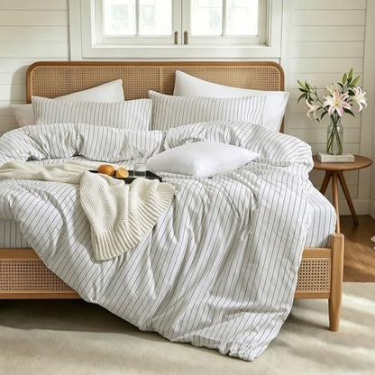 Striped Duvet Cover Set 100% Washed Cotton Linen Like Textured 3 Piece Bedding Set Comfy Breathable Lightweight (Full, Wide Stripe-White/Black)