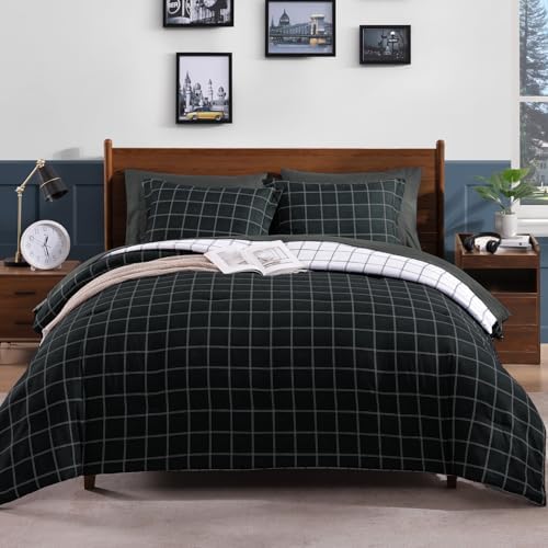Plaid Twin XL Comforter Set Black 5 Pieces Bed in a Bag for College Dorm
