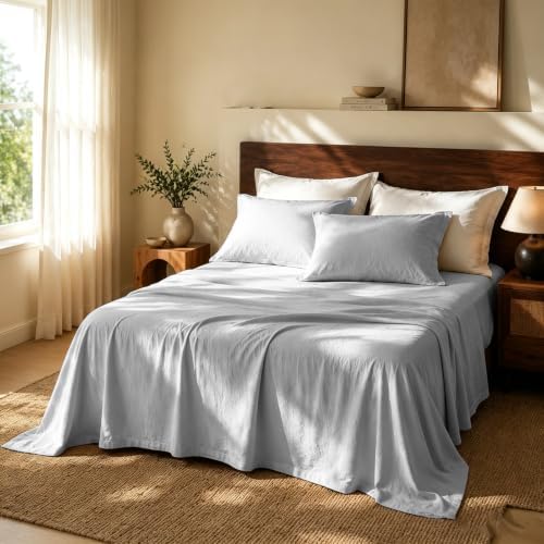 MEISHANG 100% French Linen Sheets King,4 Pcs,18-24" Extra Deep Pocket