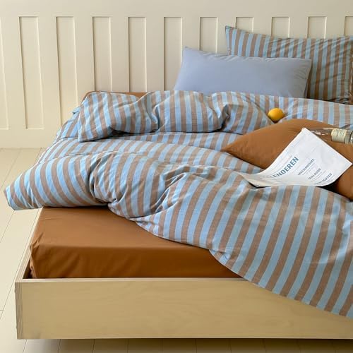 LifeTB Vintage Striped Comforter Set Twin XL, Blue Brown Stripes Print Reversible Bedding Set, 3 Pieces Lightweight Bedding Comforter with 2 Pillowcases, Farmhouse Striped Twin XL Comforter Set