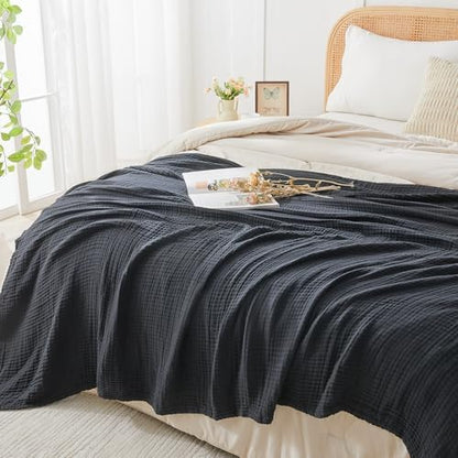 EMME Muslin Blankets for Adults Throw Blanket for Couch Breathable Gauze Soft Lightweight Airy Black Throw 50" x 60"